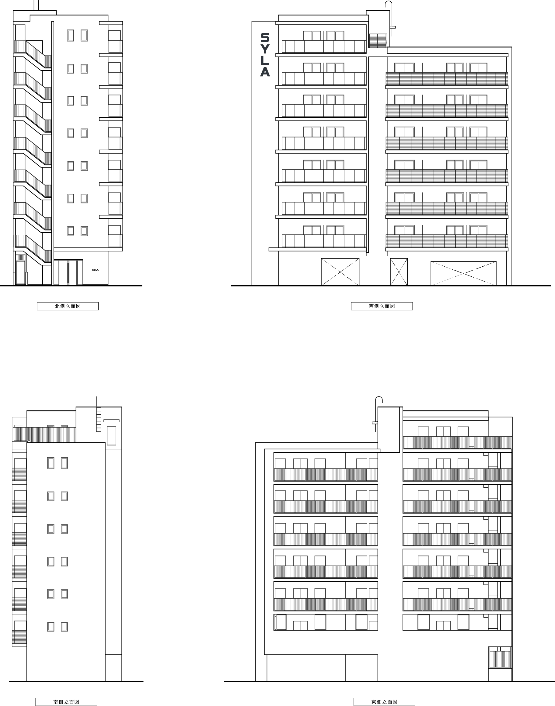 北側・西側・南側・東側立面図