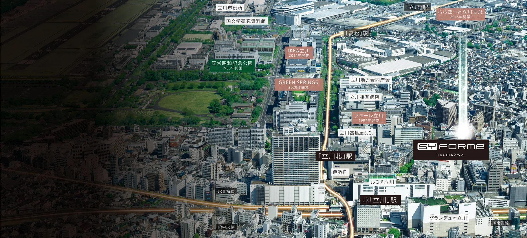 立川の街並みと空の航空写真