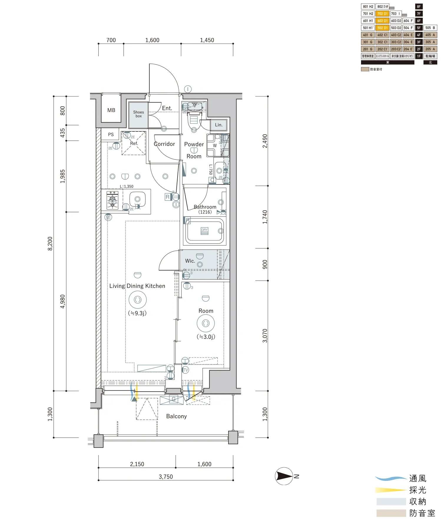 D1-8F Typeの間取り図